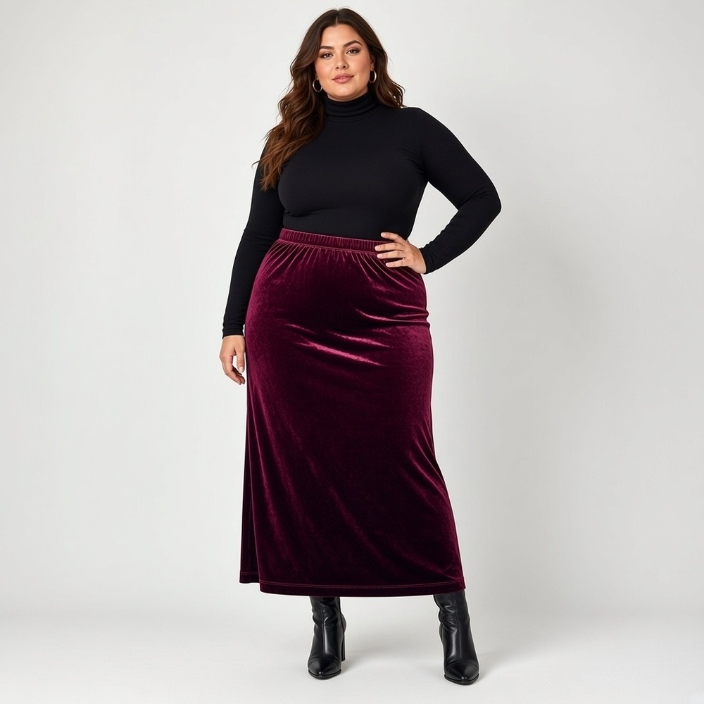 Notations Clothing Co Burgundy Velvet Maxi Skirt Elastic Waist Back Slit Large